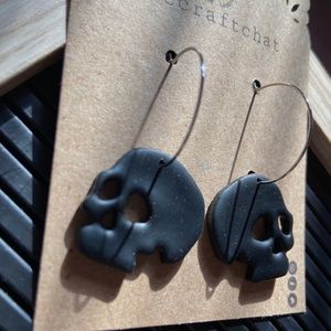 Black skull hoop polymer clay earrings
